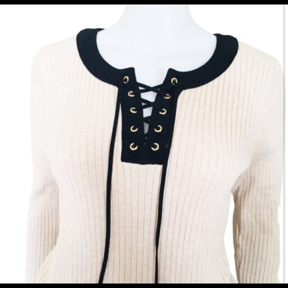 JONES NEW YORK Ribbed Lace Up Sweater With Long Sleeves Ivory Cream Size Small - Picture 4 of 7